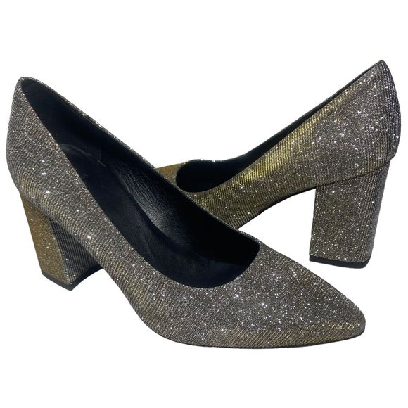 Aquatalia Peony Metallic Pump Block Heel Women Size 7 M Iridescent Gold Silver